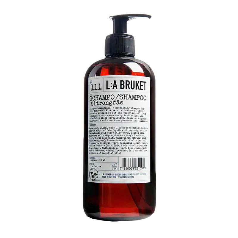 Eine Flasche L:A Bruket No. 111 Shampoo mit Zitronengras, 450 ml, mit Pumpspender.