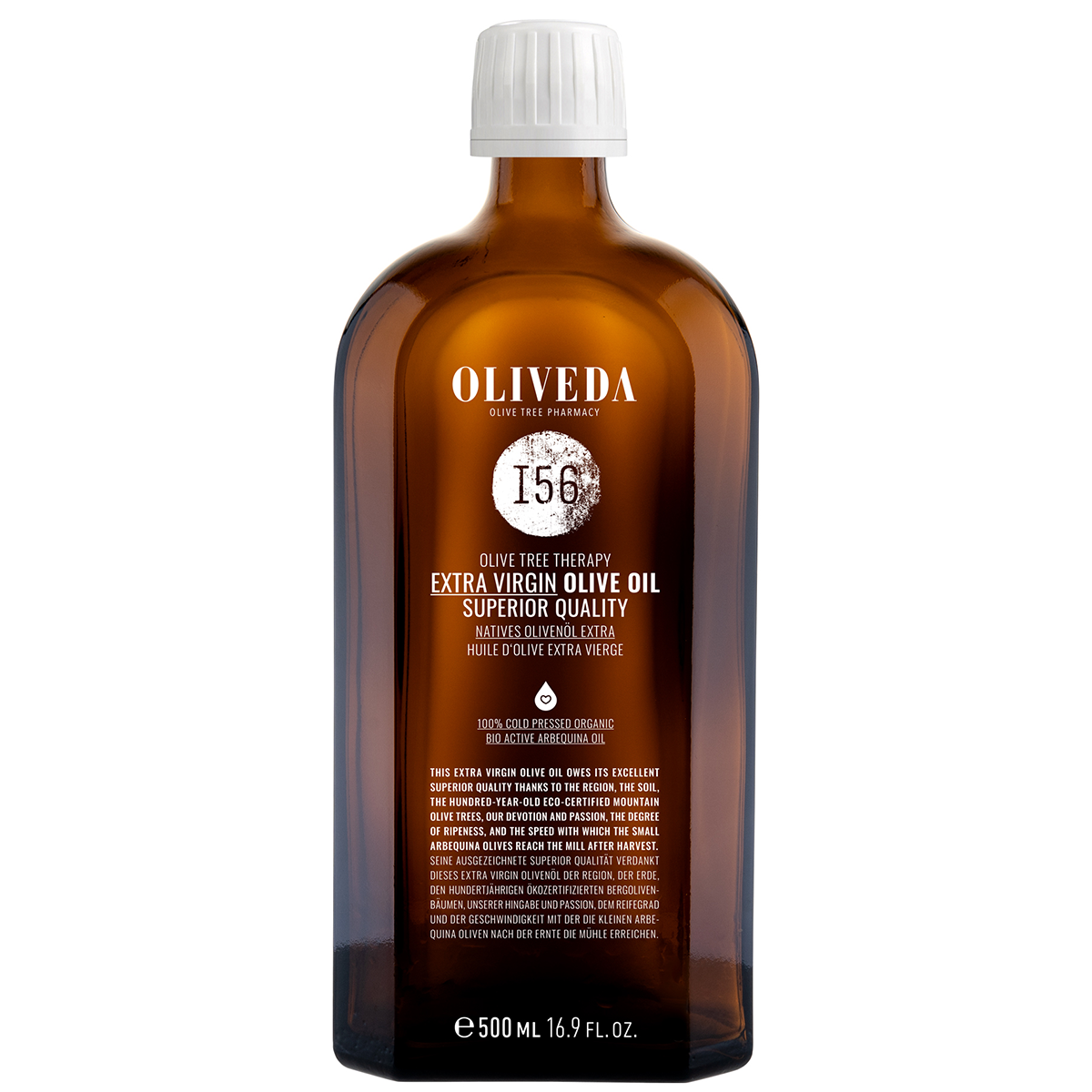 OLIVEDA I56 Olivenöl Extra Vergine, 500 ml, braune Glasflasche mit weißem Verschluss.