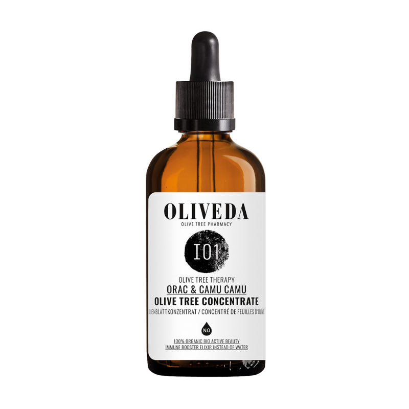 OLIVEDA I01 Olivenblattkonzentrat ORAC & Camu Camu in brauner Glasflasche mit Pipette.